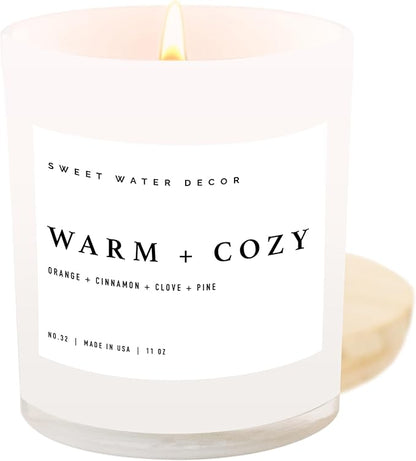 Sweet Water Decor Warm and Cozy Soy Candle - Pine, Orange, Cinnamon, and Fir Winter Scented Candle for Home - 11oz White Jar with Wood Lid, 50+ Hour Burn Time, Made in The USA