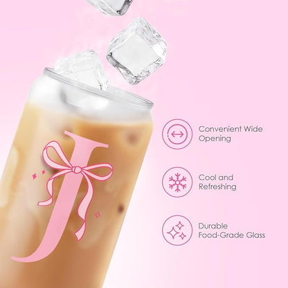 SANDJEST Monogrammed Glass Drinking Can Cup with Acrylic Lid and Straw, Personalized Frosted Iced Coffee Tumbler 16oz, Monogram Initial Gifts for Women Girls on Birthday (J)