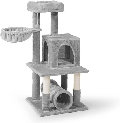 CAPHAUS Large Cat Tree with Scratching Posts, Cave Condo, 40-Inch Multi-Level Indoor Activity Structure with Basket for Cats, Modern Sisal Wrapped Design