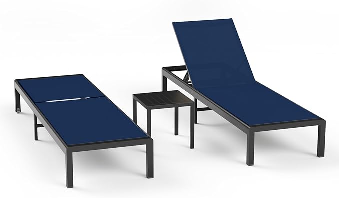 Aluminum Lounge Chairs Outdoor Chaise Furniture,2 Sets Patio Metal Deck Lounger Adjustable 5-Position Poolside Chase Recliner with Wheels for Beach,Coffee Table, (NavyBlue, 2 Chair＋Table)