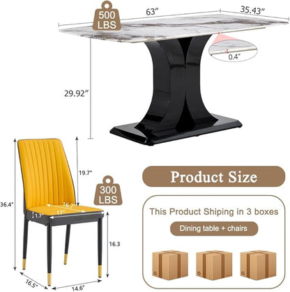 Modern Dining Table Set for 6, Marble Kitchen Table Chair Set for 6, Rectangular Kitchen Table with 6 Pu Leather Upholstered Chair for Dining Room