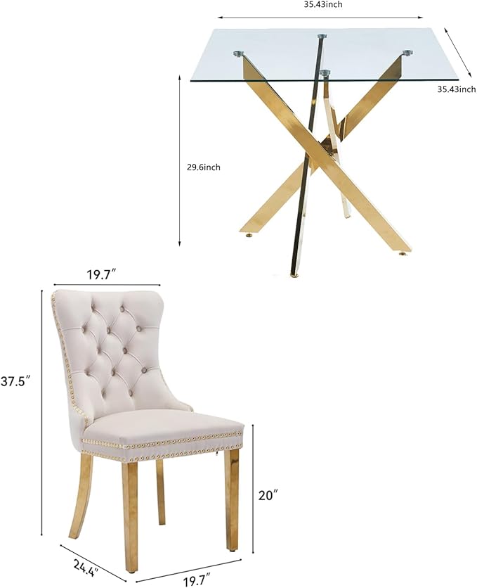 Goujxcy 5 Piece Glass Dining Table Set Modern Small Glass Dining Table Set for 4, 35.43" Square Kitchen Table and 4 Velvet Upholstered Chairs for Kitchen Dining Room, Gold & Beige