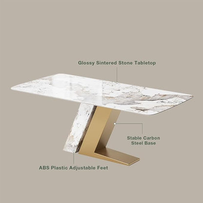 POVISON 63" Modern Luxury Gold Rectangular Dining Table for 4, Glossy Sintered Stone Tabletop, White and Gold Z-Shaped Stainless Steel Base (Dining Table Only)