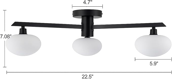 Semi Flush Mount Ceiling Light Fixture, Mid Century Modern 3-Light 22.5" Lighting Fixtures Ceiling, Matte Black Ceiling Lights for Bedroom, Entryway, Hallway, Bathroom, Kitchen, Dining Room