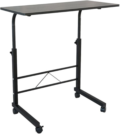 Goujxcy Sofa Side Table C Shaped End Table with Wheels, Black Rolling Bedside Laptop Table Snack Table TV Tray, Height Adjustable, Wooden Top & Metal Frame