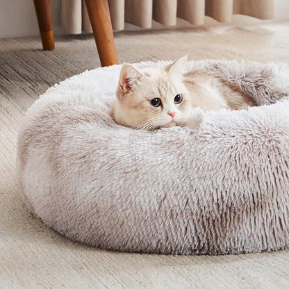Western Home Calming Donut Cat Bed Small Dog Bed Washable,20" White Grey | Fluffy Faux Fur Round Cuddler,Anti-Anxiety,Anti-Slip Bottom,Self-Warming Pet Bed for Small Dog&Kitten&Puppy,Up to 12 LBS