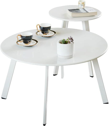 Outdoor Patio Coffee Table Set of 2, Weather Resistant End Table, Round Nesting Tables for Living Room Balcony Office, White
