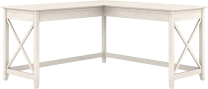 Bush Furniture Key West 60W Modern Farmhouse L Shaped Desk in Linen White Oak, 60-Inch Corner Computer Table for Home Office Workspace