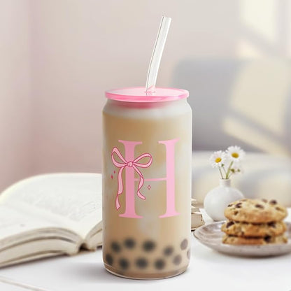 SANDJEST Monogrammed Glass Drinking Can Cup with Acrylic Lid and Straw, Personalized Frosted Iced Coffee Tumbler 16oz, Monogram Initial Gifts for Women Girls on Birthday (H)