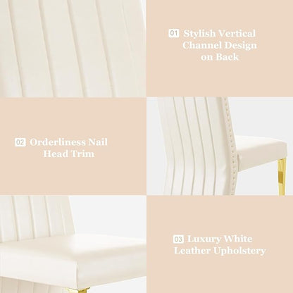 White and Gold Dining Chairs, White Faux Leather Upholstered Dining Chair Set of 4, Glam Nailhead Trim Dining Chairs with Gold Legs