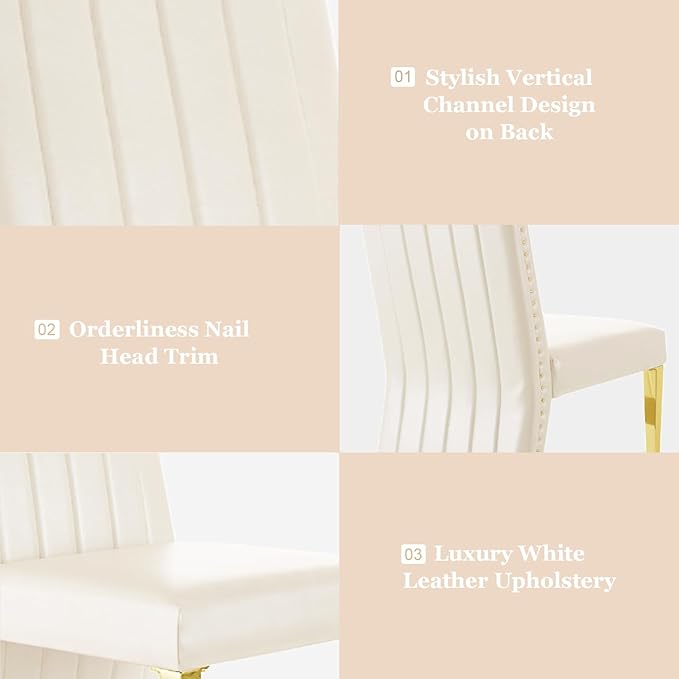 White and Gold Dining Chairs Set of 2, Glam White Leather Dining Chair with Nailhead Trims, High Back Dining Room Chairs