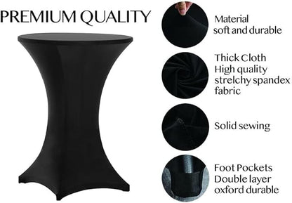 Tina 8 Pack 30x42 Inch Highboy Spandex Cocktail Table Covers Black, Fitted Stretch Cocktail Tablecloth for Round Tables (8PC 30X42 Black)