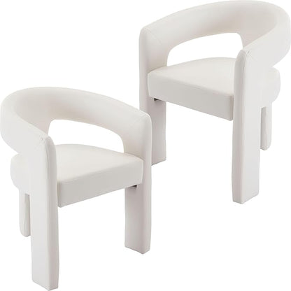 Set of 2 Modern PU Leather Upholstered Dining Chairs with Open-Back, Cute Barrel Side Chairs Kitchen Armchair Accent Chairs for Dining Room Bedroom, White