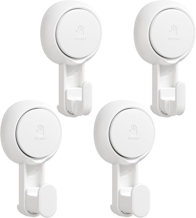 TAILI Suction Towel Hook for Bathroom, Damage-Free Hanging Hooks for Inside Shower Wall, Powerful Vacuum Suction Cup Shower Holder for Towel, Loofah, Cloth, Easy to Install and Remove, White, 4 Pack