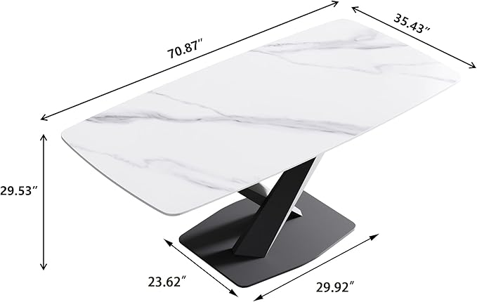 Modern Rectangle Marble Dining Table for 6,71" White Marble Sintered Stone Top Dining Table,Rectangle Dining Room Table with X-Shape Carbon Steel Pedestal for Kitchen/Living Room(Table Only)
