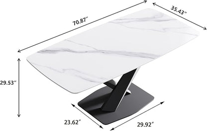 Modern Rectangle Marble Dining Table for 6,71" White Marble Sintered Stone Top Dining Table,Rectangle Dining Room Table with X-Shape Carbon Steel Pedestal for Kitchen/Living Room(Table Only)