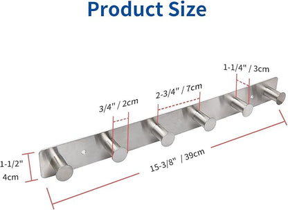 Coat Rack Wall Mounted Adhesive & Screw in, Stainless Steel Metal Coat Hooks for Door, Hook Rail with 6 Round Hangers for Hanging Hat Towels Clothes, Silver