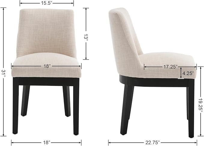 Modern Dining Chairs Set of 2 Comfortable Dining Room Chairs with Back, Linen Fabric Upholstered Kitchen Side Chair with Black Wood Legs for Living Room, Beige