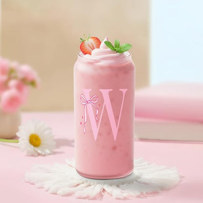 SANDJEST Monogrammed Glass Drinking Can Cup with Acrylic Lid and Straw, Personalized Frosted Iced Coffee Tumbler 16oz, Monogram Initial Gifts for Women Girls on Birthday (W)