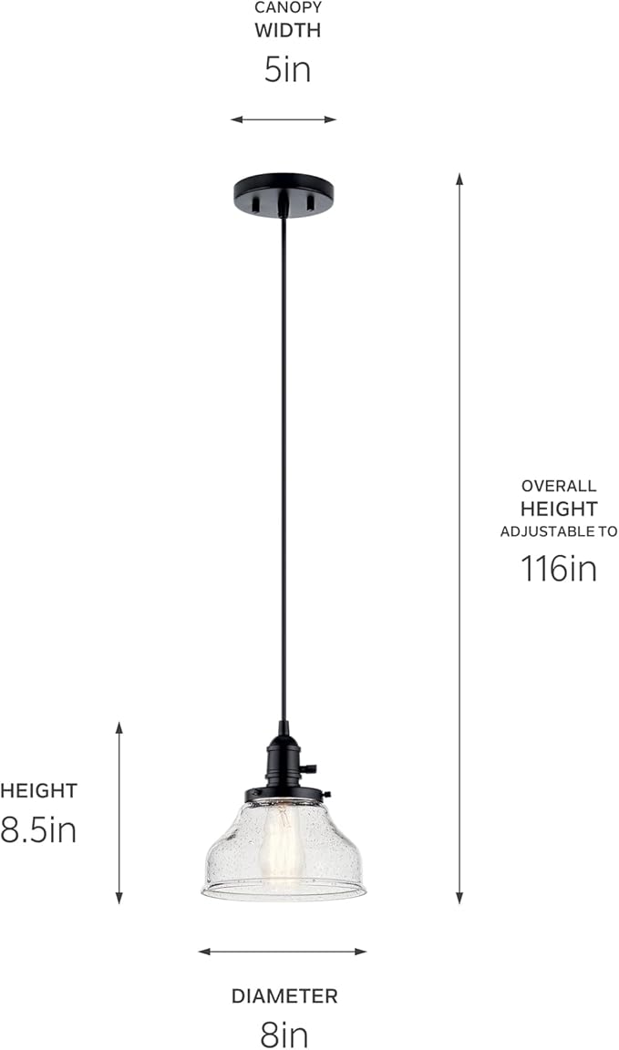 KICHLER Avery 8" Bell Mini Pendant Industrial 1 Light Mini Pendant Ceiling Light Fixture with Clear Seeded Glass in Black, for Living Room, Bedroom or Kitchen (8" x 8" x 8.5") 43850BK