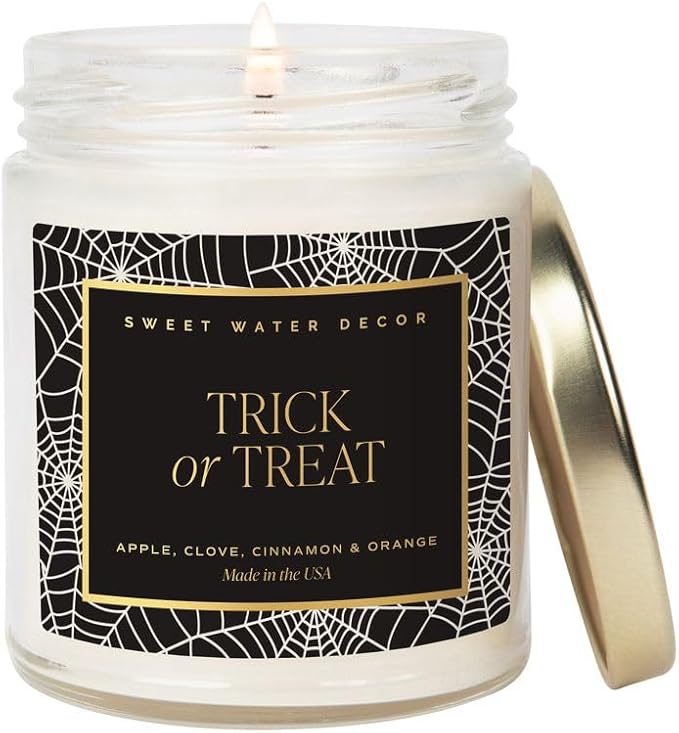 Sweet Water Decor Trick or Treat Candle, Autumn Scented Notes of Pumpkin, Spices, & Caramel, 40+ Hour Burn Time, Non-Toxic Soy Wax Blend, Poured in The USA, Cotton Wick, 9oz Glass Jar with Gold Lid