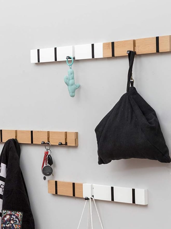 2 Pack Wooden Wall Mounted Folding Rack, Modern Wall Floating Coat Hook Rack Space– Natural 6 Hooks