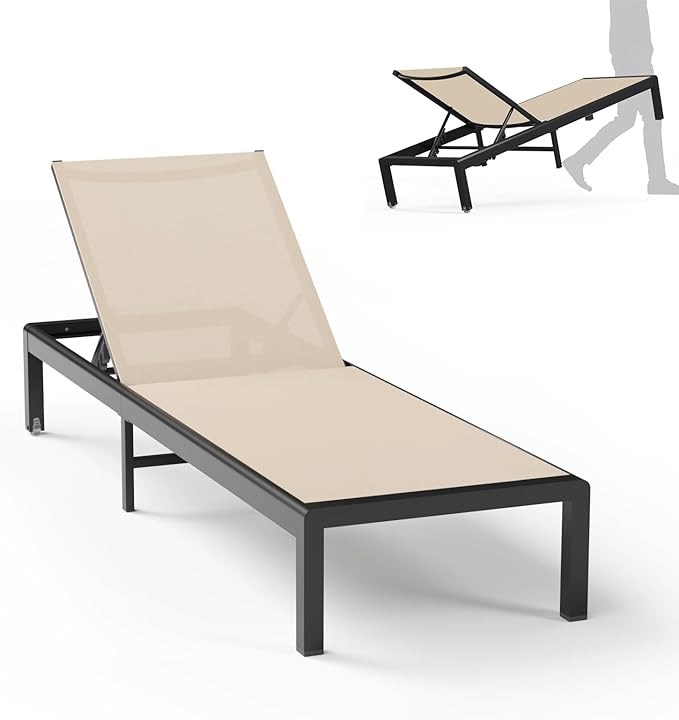 Aluminum Lounge Chairs Outdoor Chaise Furniture,2 Sets Patio Metal Deck Lounger Adjustable 5-Position Poolside Chase Recliner with Wheels for Beach,Coffee Table, (Khaki, 1 Chair)