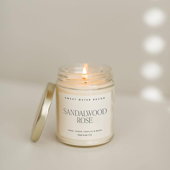 Sweet Water Decor Sandalwood Rose Candle - Green, Leafy, Winey, Rose and Guaiac Wood Scented Soy Floral Candles for Home - 9oz Clear Jar + Gold Lid, 40+ Hour Burn Time, Made in The USA