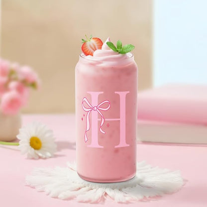 SANDJEST Monogrammed Glass Drinking Can Cup with Acrylic Lid and Straw, Personalized Frosted Iced Coffee Tumbler 16oz, Monogram Initial Gifts for Women Girls on Birthday (H)