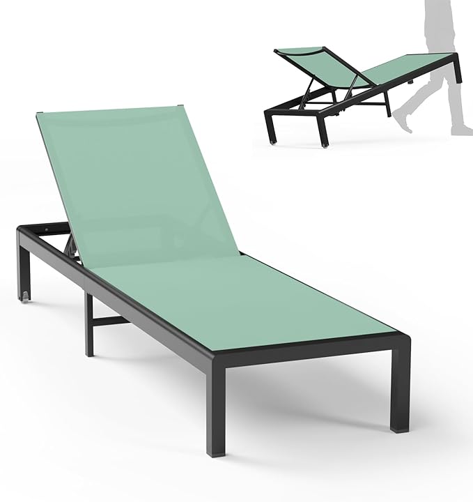 Aluminum Lounge Chairs Outdoor Chaise Furniture,2 Sets Patio Metal Deck Lounger Adjustable 5-Position Poolside Chase Recliner with Wheels for Beach,Coffee Table, (Green, 1 Chair)