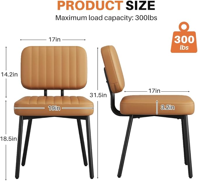 Dining Chairs Set of 4, Upholstered Mid Century Modern Kitchen Dining Room Accent Chairs with Faux Leather Cushion Seat & Metal Legs for Kitchen, Living Room (Brown, Set of 4)