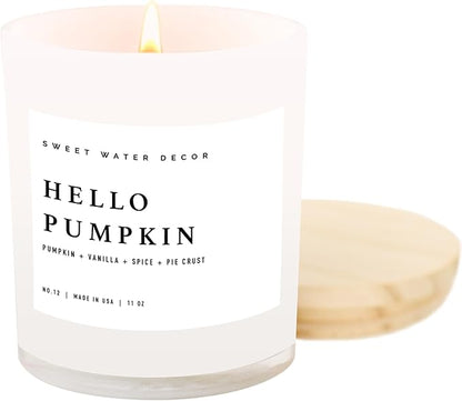Sweet Water Decor Hello Pumpkin Candle - Fall Soy Candles with Pumpkin, Warm Spices, Vanilla and Buttery Pie Crust - Pumpkin Candles for Home with 50 Hours Burn Time - 11oz Wood Lid White Jar Candle
