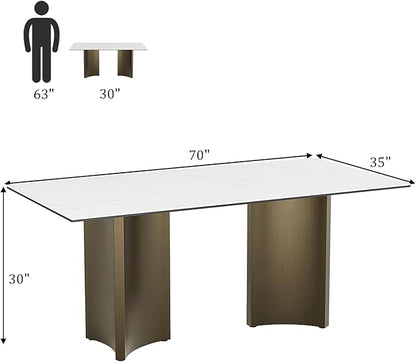 Modern Dining Table for 6, White Sintered Stone Dining Table Top with Brushed Bronze Stainless Steel Base, 70 inch Rectangle Dining Room Table for Home Restaurant (Only Table)