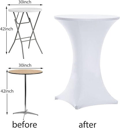 Tina 8 Pack 30x42 Inch Highboy Spandex Cocktail Table Covers White, Fitted Stretch Cocktail Tablecloth for Round Tables (8PC 30X42 White)