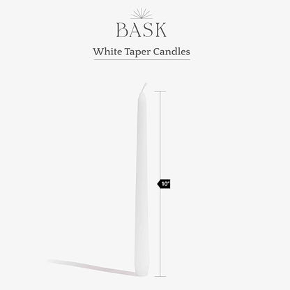 Bask 10-inch Taper Candles - Unscented and Dripless - Burns for 8 Hours - Home Decor for Dinner Table, Kitchen, and Bedroom - Perfect for a Romantic Date or Anniversary - 12-Pack - White