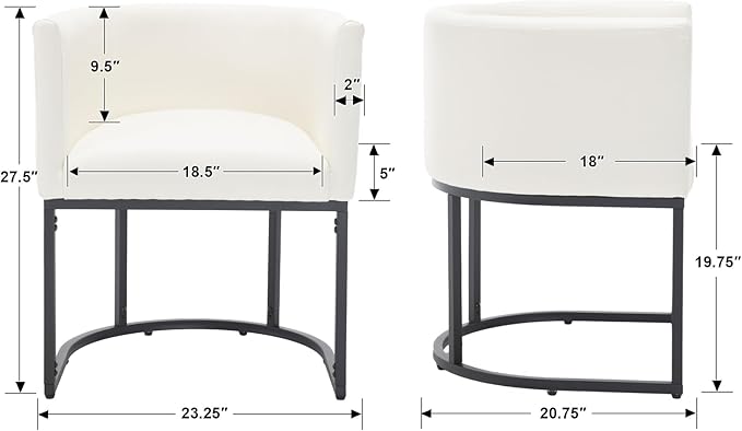 Faux Leather Dining Chair Modern Barrel Arm Chairs with Black Metal Frame, Upholstered Kitchen Chairs 18.5" Wide Accent Chair for Living Room Dining Room Restaurant, White
