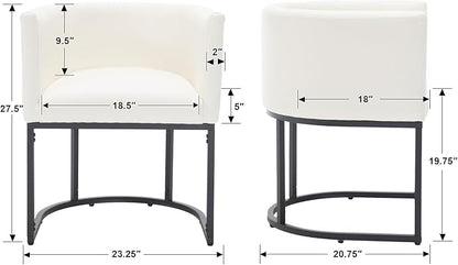 Faux Leather Dining Chair Modern Barrel Arm Chairs with Black Metal Frame, Upholstered Kitchen Chairs 18.5" Wide Accent Chair for Living Room Dining Room Restaurant, White