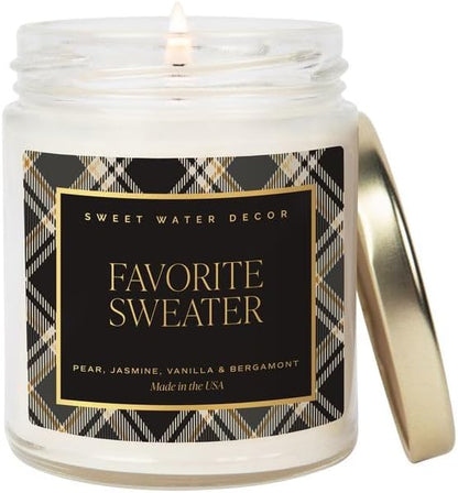 Sweet Water Decor Favorite Sweater Candle, Autumn Notes of Coconut, Jasmine, & Cashmere, 40+ Hour Burn Time, Non-Toxic Soy Wax Blend, Poured in The USA, Cotton Wick, 9oz Glass Jar with Gold Lid