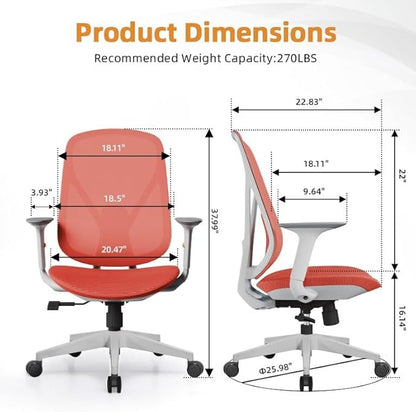 Mesh Office Chair – Ergonomic Office Chair with Lumbar Support, Adjustable Armrests & Sliding Soft Seat Cushion – Holds Up to 270lbs (Red)
