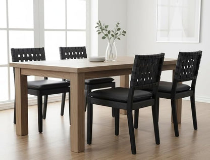 Woven Faux Leather Dining Chairs Set of 4, Farmhouse Upholstered Kitchen Chairs with Wooden Legs Armless Accent Side Chairs for Dining Room/Restaurant, Black