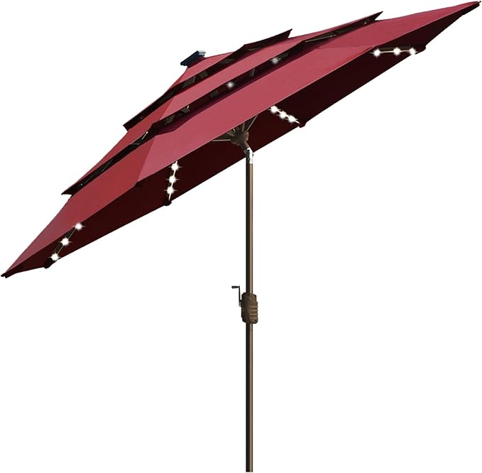 EliteShade USA 10-Year-Non-Fading Solar 9ft 3 Tiers Market Umbrella with 80 LED Lights Patio Umbrellas Outdoor Table with Ventilation,Burgundy