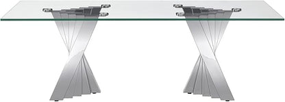 Goujxcy Modern Glass Coffee Table 51" Silver Center Table with Tempered Glass Top and Mirror Finish Stainless Steel Legs, Luxury Rectangular Coffee Table for Living Room Apartment (Silver)