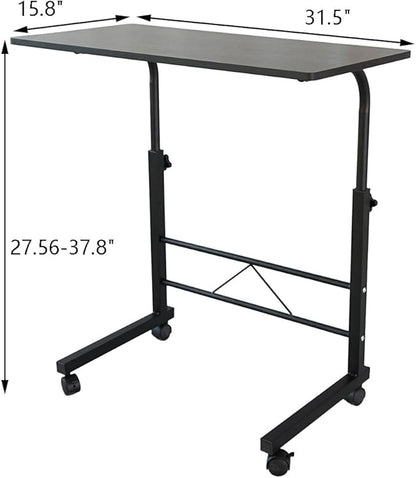 Goujxcy Sofa Side Table C Shaped End Table with Wheels, Black Rolling Bedside Laptop Table Snack Table TV Tray, Height Adjustable, Wooden Top & Metal Frame