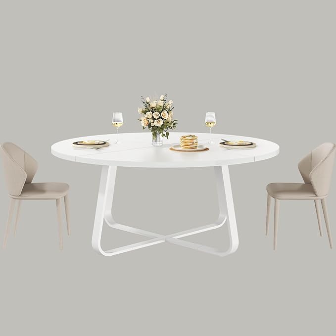 LVB Modern Round Dining Table, Wood Metal Kitchen Tables,Industrial Large Dinner Room Tables for 6 to 8, Circle Dining Room Table for Home Kitchen Living Room,White Oak,60 Inch