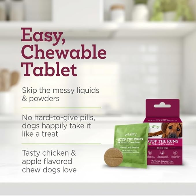 Vetality Stop The Runs | Dog Anti Diarrhea Medicine | 6 Count Chewable | Chicken Flavor