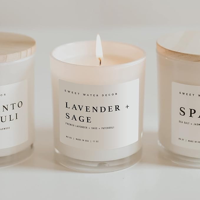 Sweet Water Decor Lavender and Sage Candle - Soy Candle for Home - Lavender, Sage, Patchouli Spa - 11oz White Jar with Wood Lid, 50+ Hour Burn Time, Made in The USA