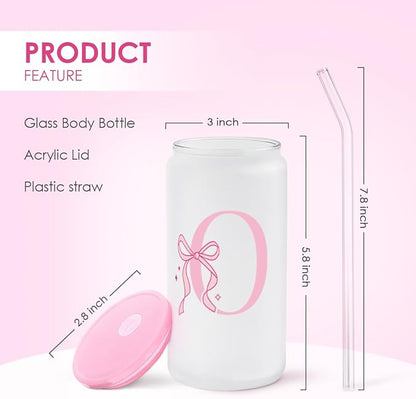 SANDJEST Monogrammed Glass Drinking Can Cup with Acrylic Lid and Straw, Personalized Frosted Iced Coffee Tumbler 16oz, Monogram Initial Gifts for Women Girls on Birthday (O)