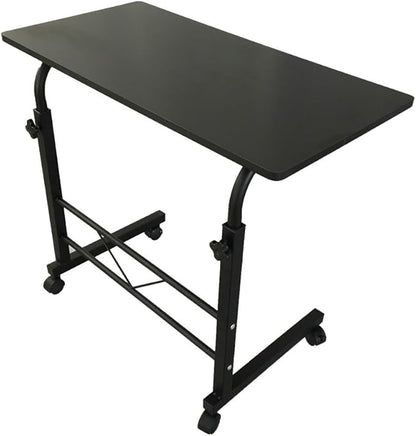 Goujxcy Sofa Side Table C Shaped End Table with Wheels, Black Rolling Bedside Laptop Table Snack Table TV Tray, Height Adjustable, Wooden Top & Metal Frame