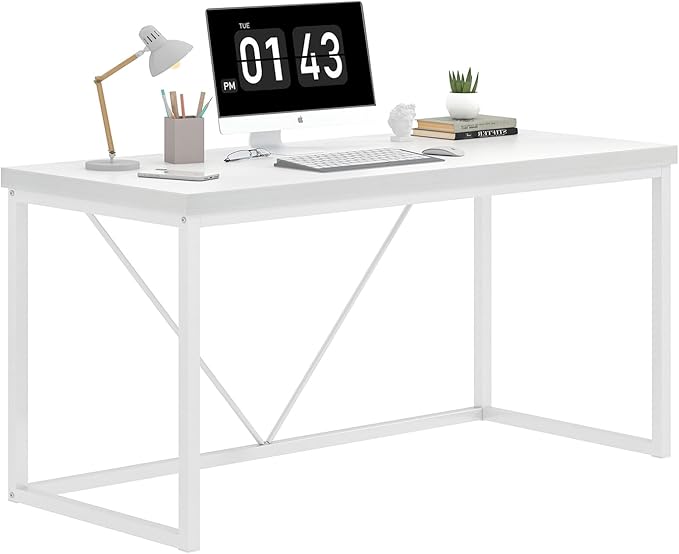 EXCEFUR Home Office Desk, Modern Wood Computer Desk, Wood Study Writing Table, Simple Gaming Executive Desk Workstation for Bedroom Living Room, White, 53 inch
