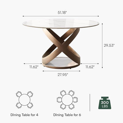 POVISON 51" Modern Round Dining Table for 4-6, Glossy White Round Dining Room Table, Sintered Stone Dining Tabletop with Bronze X Carbon Steel Base (Dining Table Only)